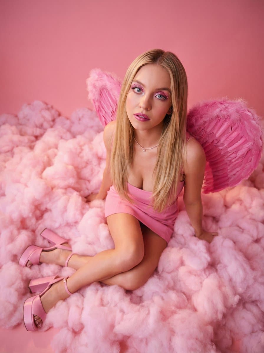 Sydney Sweeney with Pink Feathered Wings in Studio — example 2
