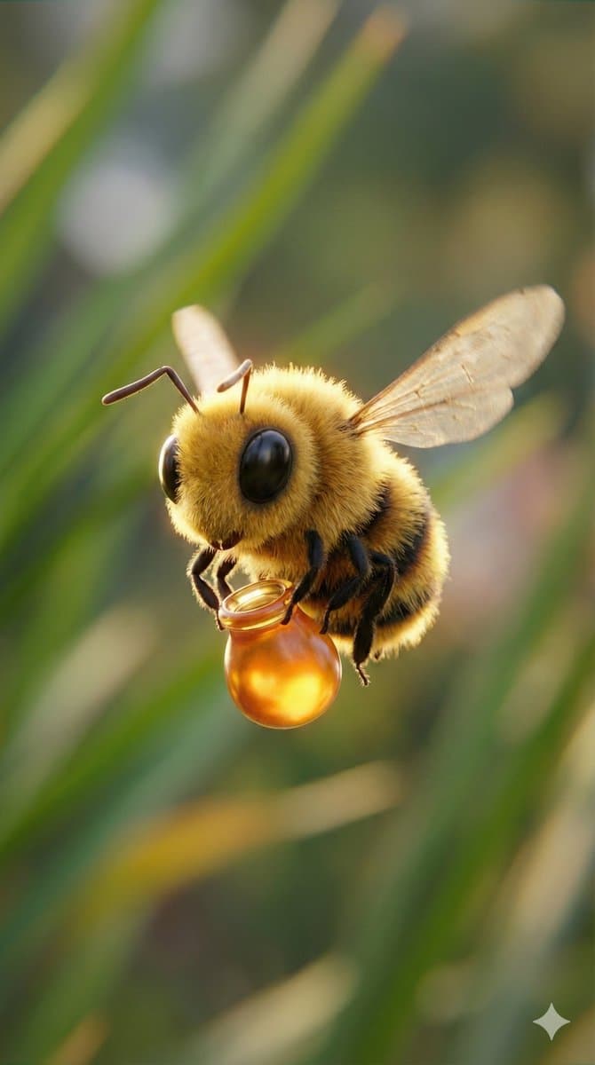 Macro Render of Fuzzy Bee Character with Honey Droplet — example 1