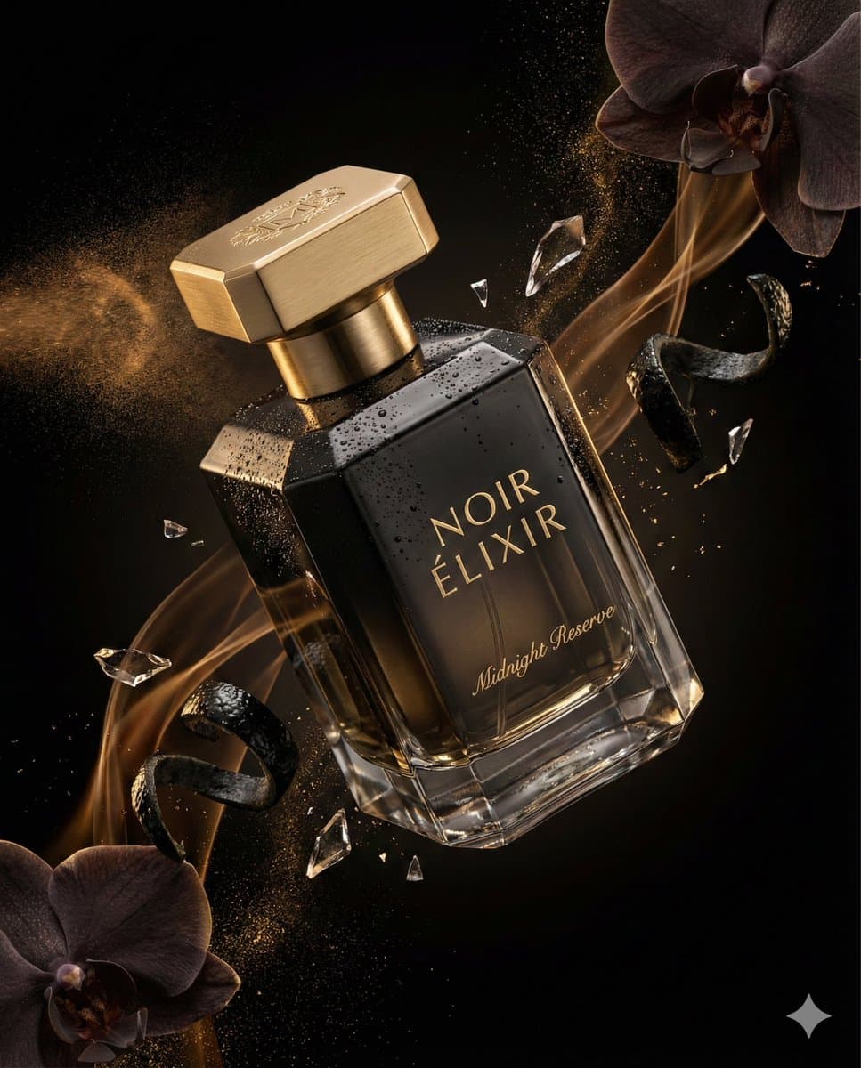 Luxury Perfume Commercial Render Prompt (NOIR ÉLIXIR) — example 1