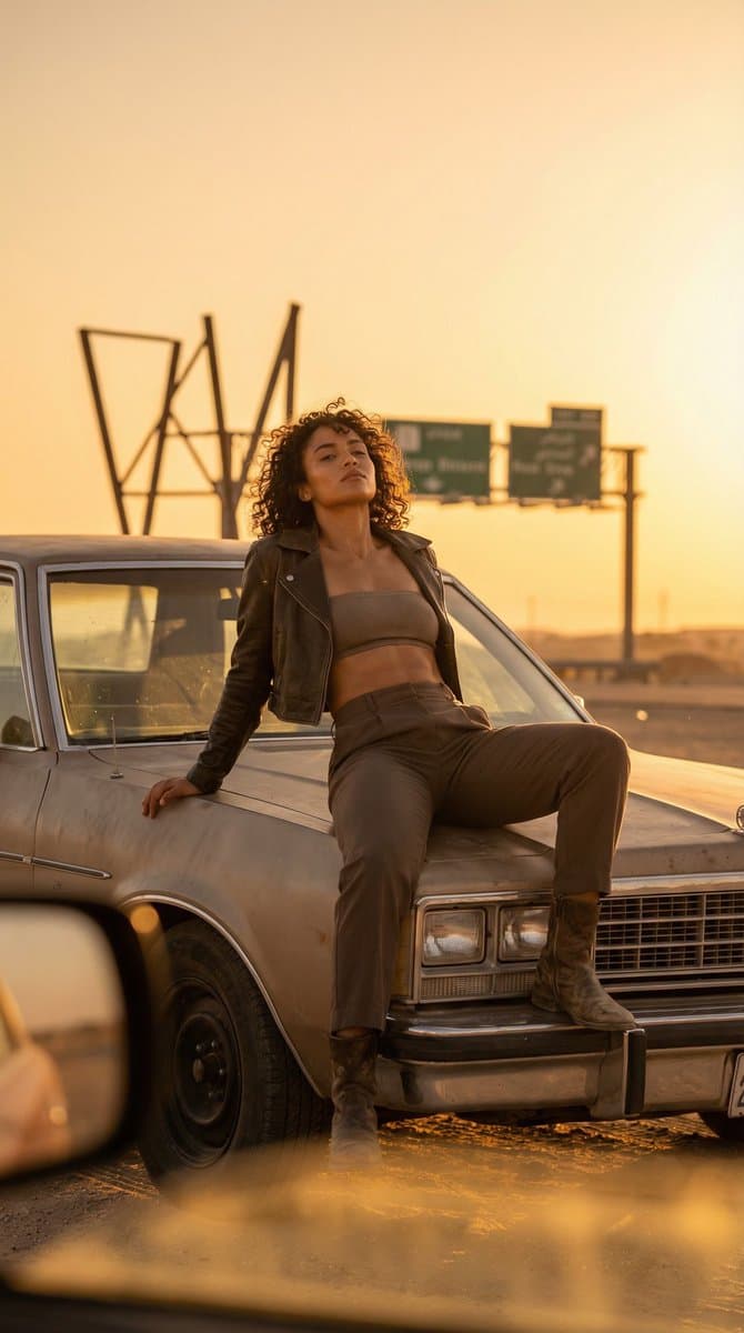 Cinematic Desert Rest Stop Portrait at Golden Hour — example 1