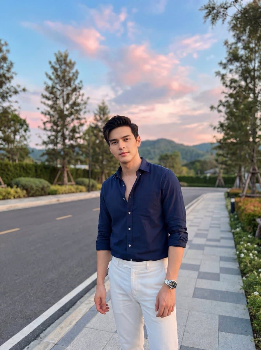 Stylish Man on Sidewalk at Sunset — example 1