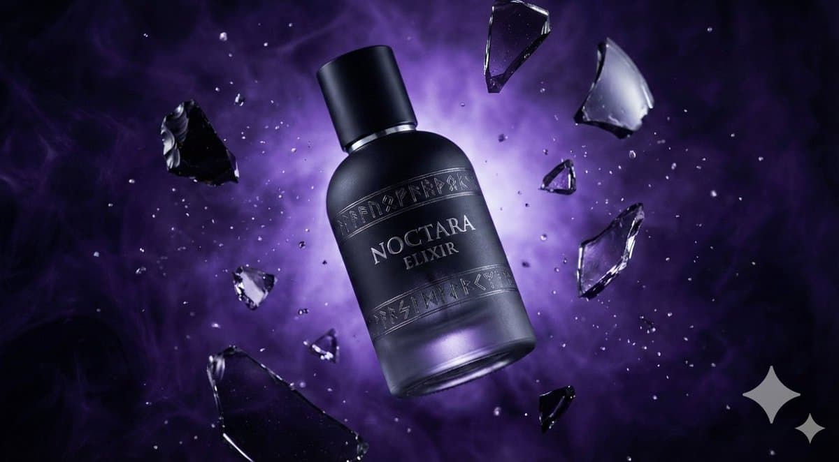 Matte Black Elixir Bottle with Purple Smoke Background — example 1