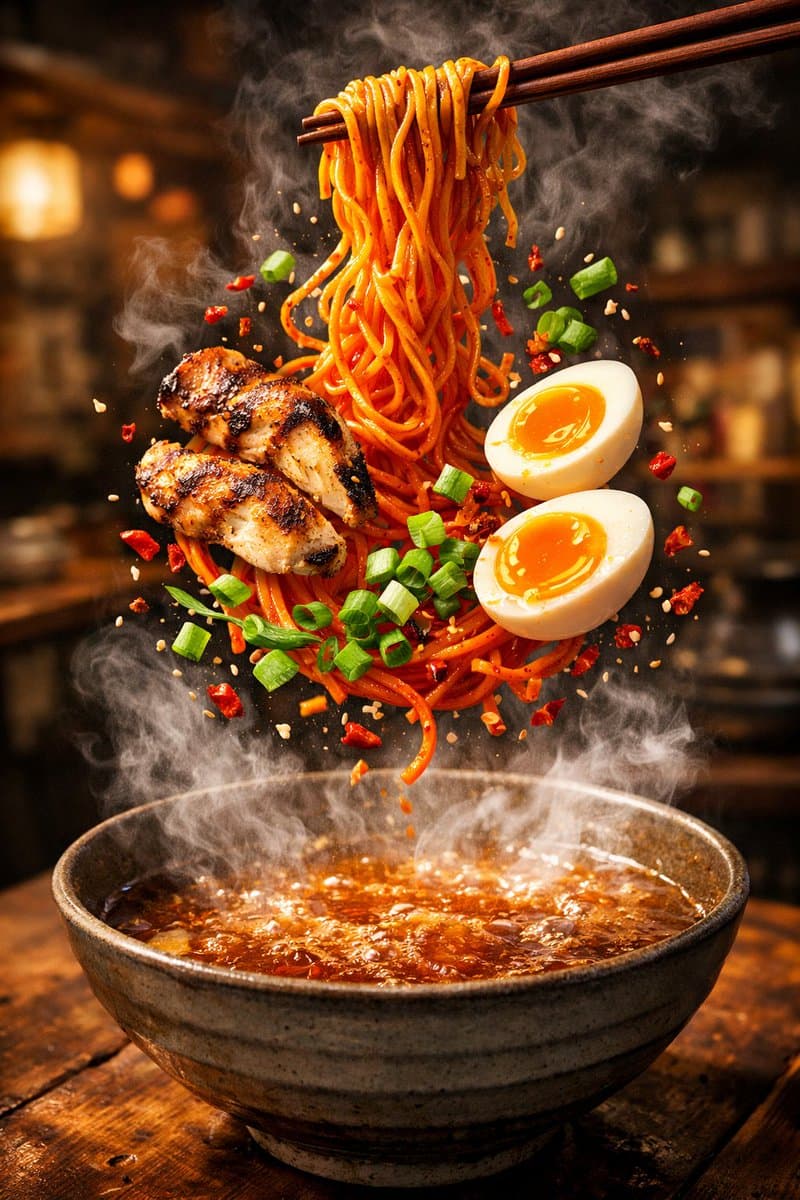 Cinematic Food Commercial Shot of Deconstructed Buldak Ramen — example 2