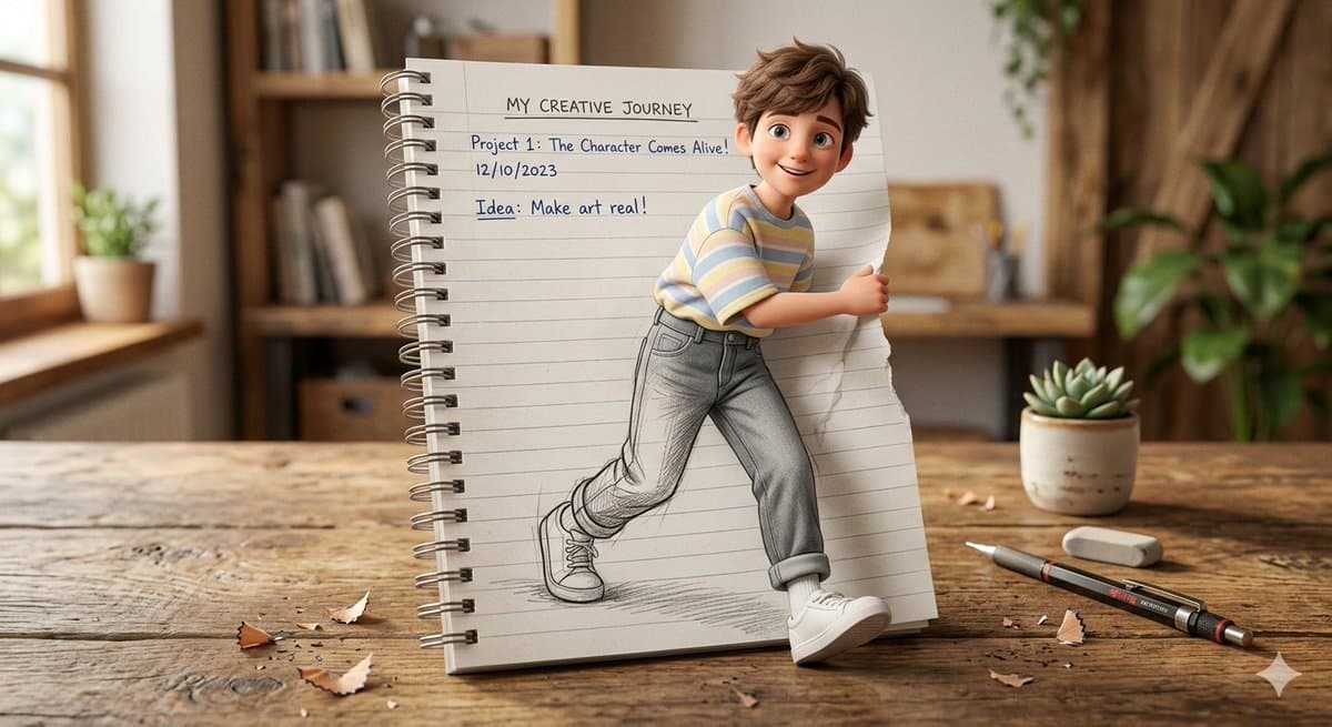 3D Pop-Out Illusion Artwork of a Boy from a Notebook — example 1