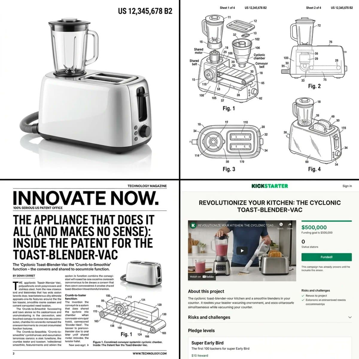 Multi-step prompt for generating absurd patent documents and product renders — example 1