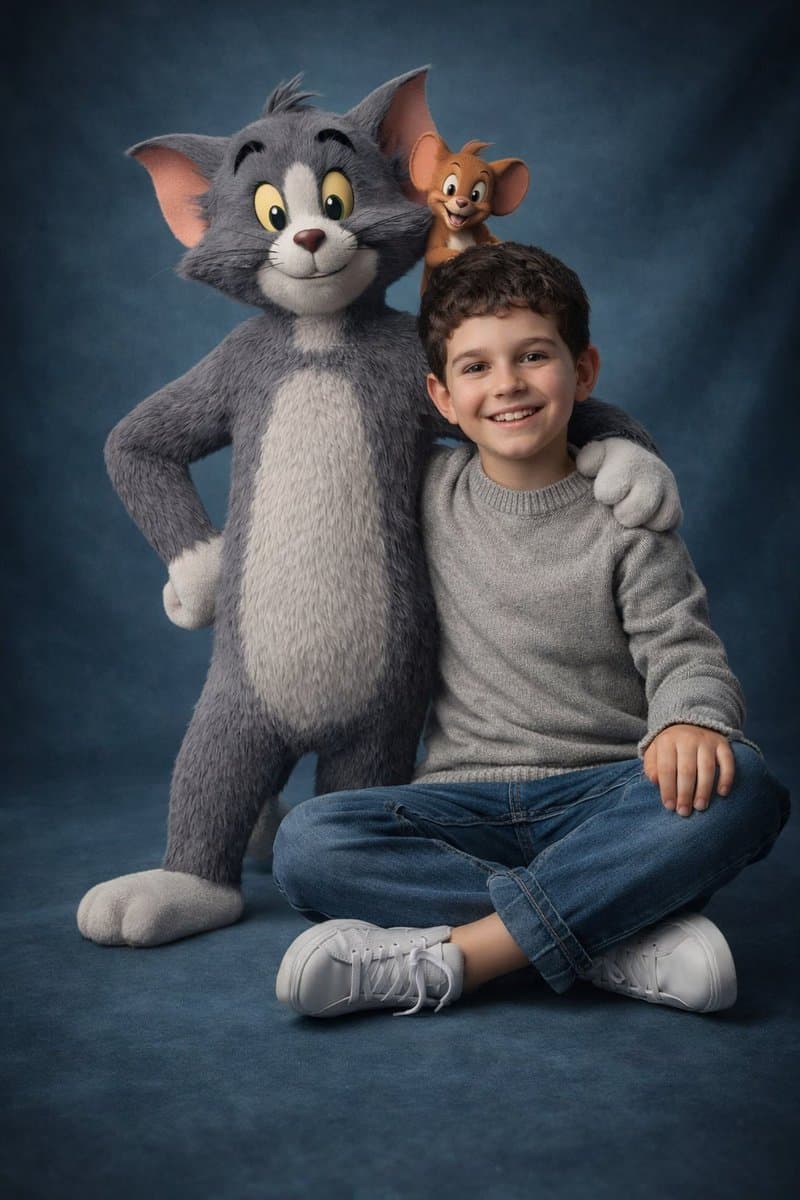Ultra-Realistic 3D Cinematic Portrait of Boy with Tom and Jerry — example 1