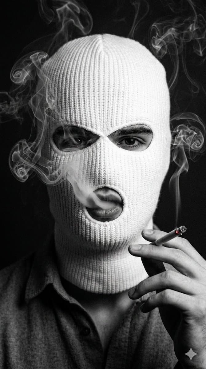 Noir Portrait with Balaclava and Cigarette Smoke — example 1