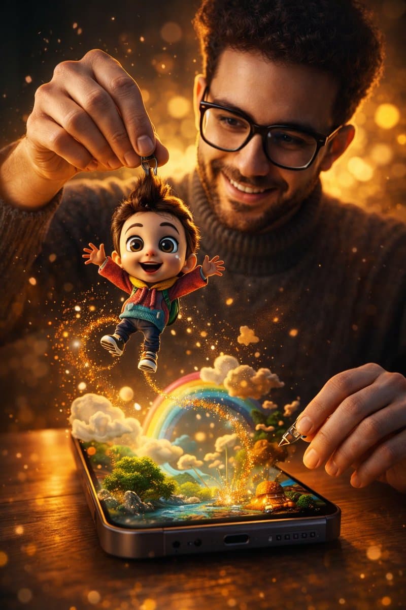 Surreal Cinematic Scene: Man Emerging from Phone with Tiny Cartoon Boy — example 1