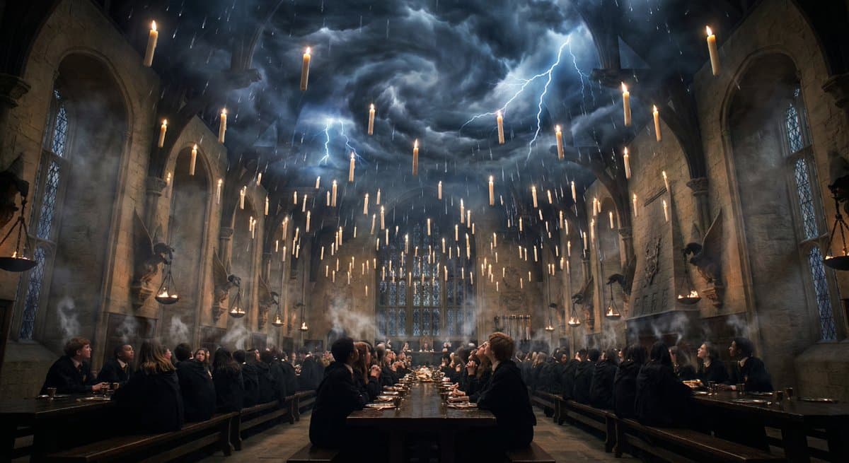 Hogwarts Great Hall during a thunderstorm — example 1