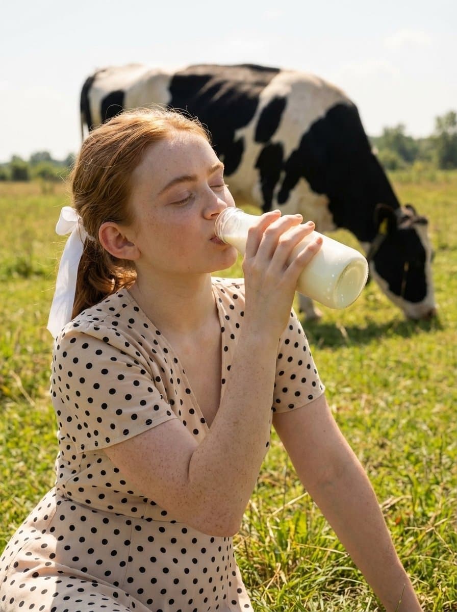 Sunlit Countryside Milk Drinking Portrait — example 3