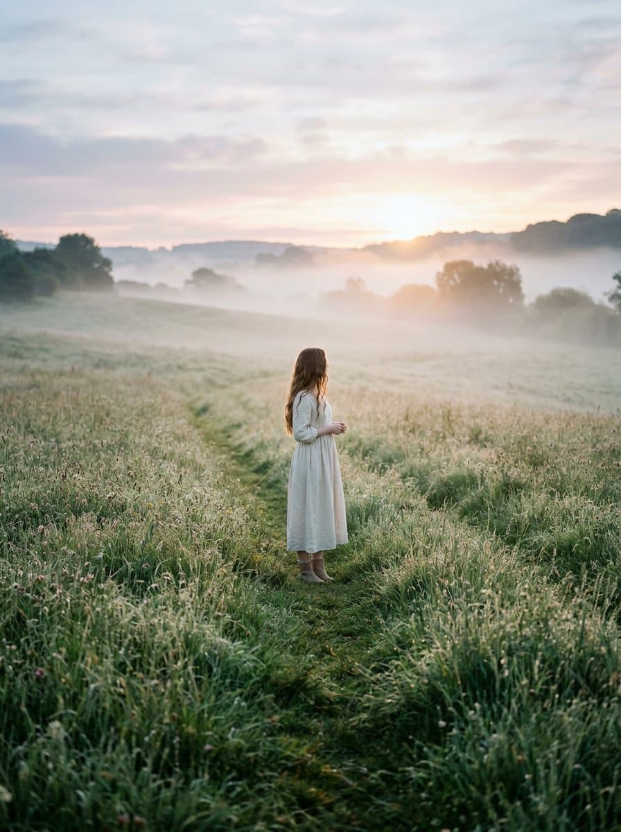 Cinematic Wide Shot of Girl in Dewy Meadow at Sunrise — example 1