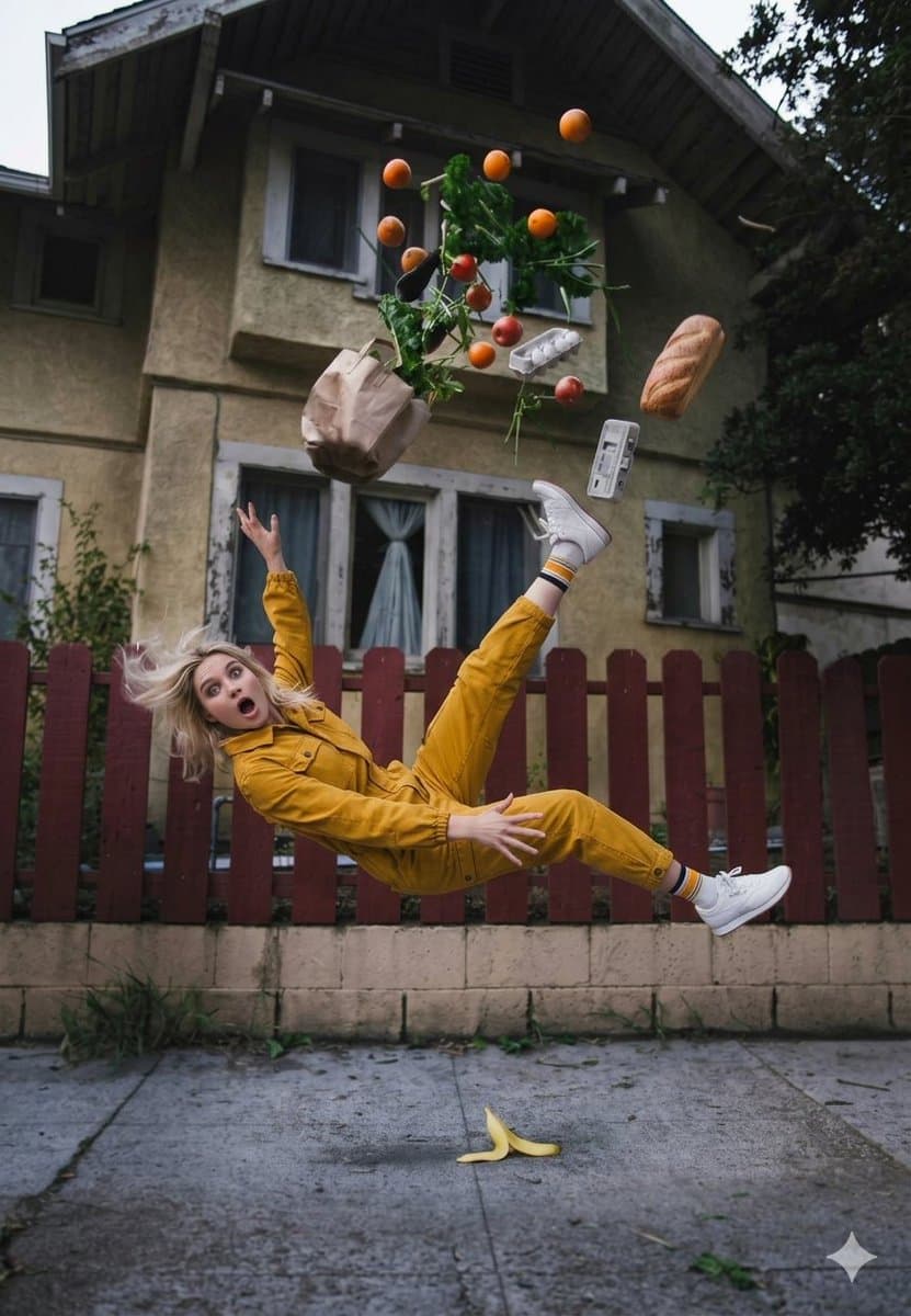 Cinematic Surreal Moment: Woman Falling with Exploding Grocery Bag — example 1
