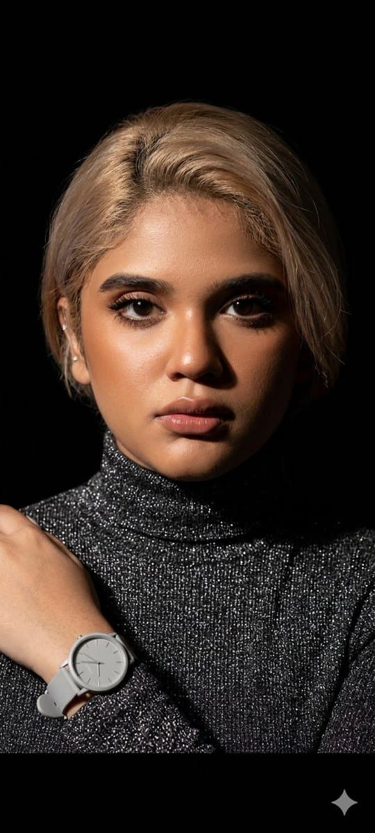 Elegant Studio Portrait with Sparkling Top — example 1