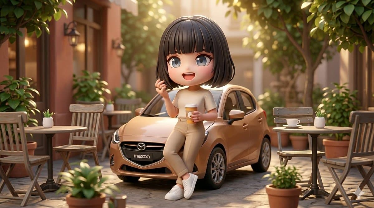 3D Stylized Woman with Mazda Hatchback — example 1