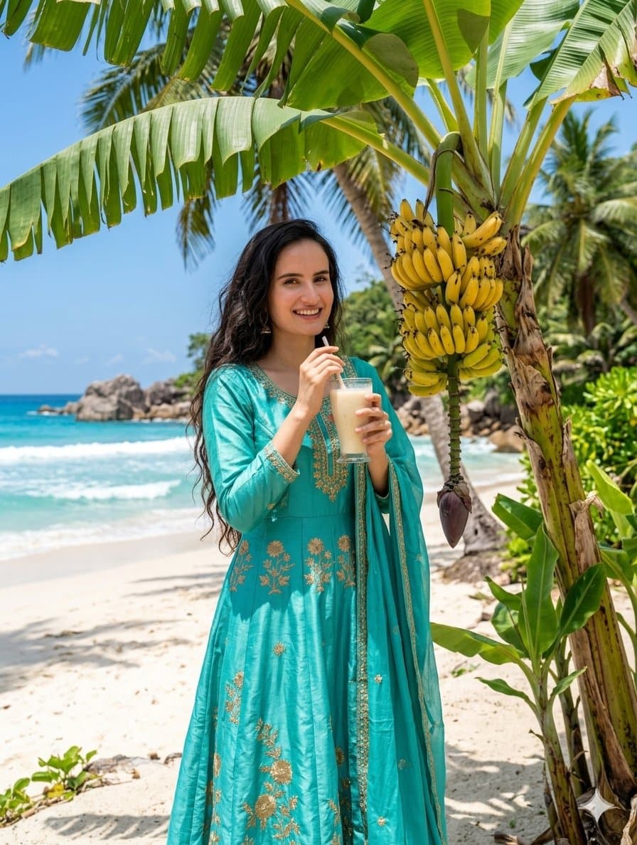 Indian Woman Drinking Banana Milkshake — example 1
