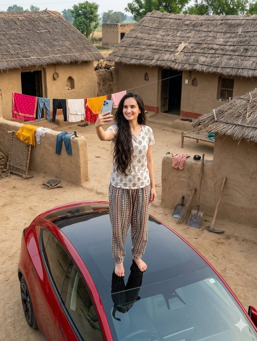 High-Tech Car in Rustic Village — example 1
