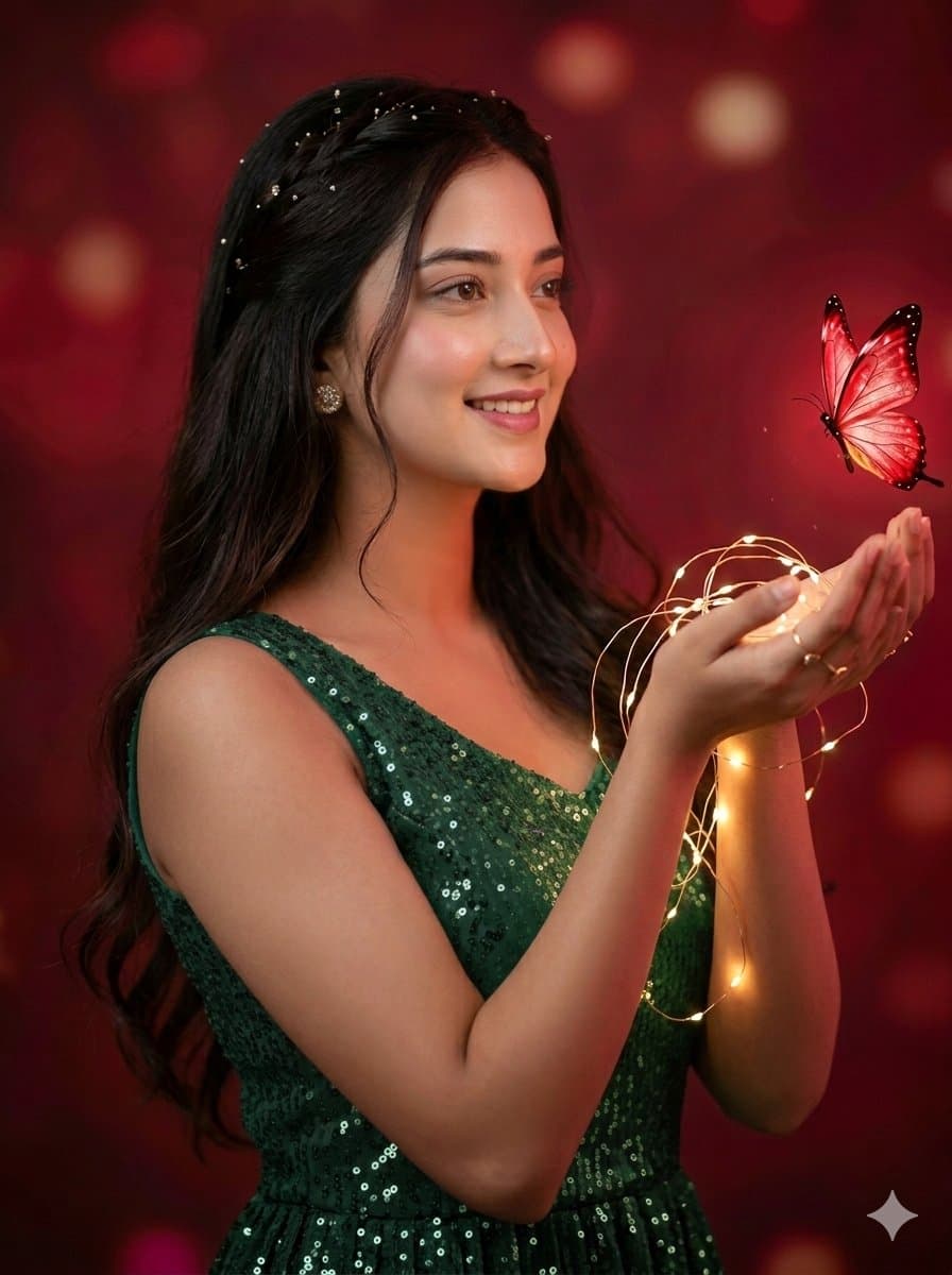 Dreamy nocturnal portrait with fairy lights โ example 1