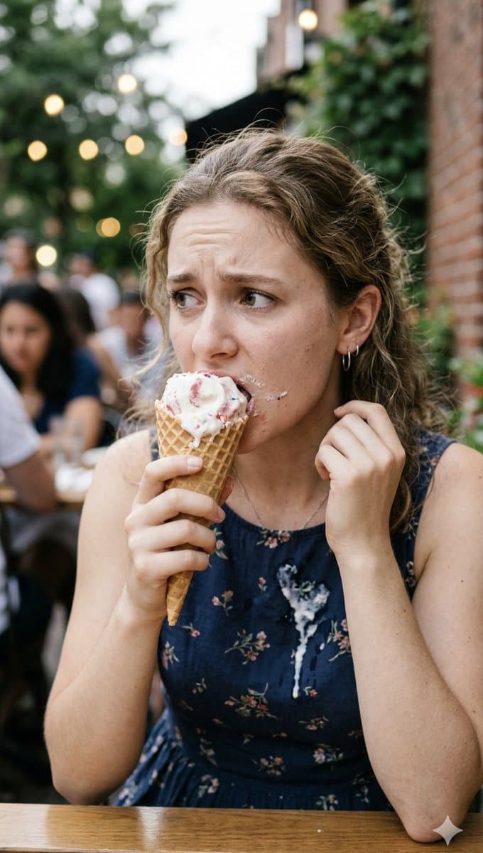 Stressed Woman with Drip Ice Cream — example 1
