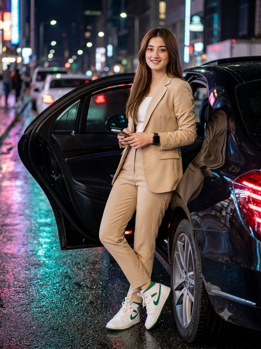 Elegant Woman with Luxury Sedan at Night β example 1