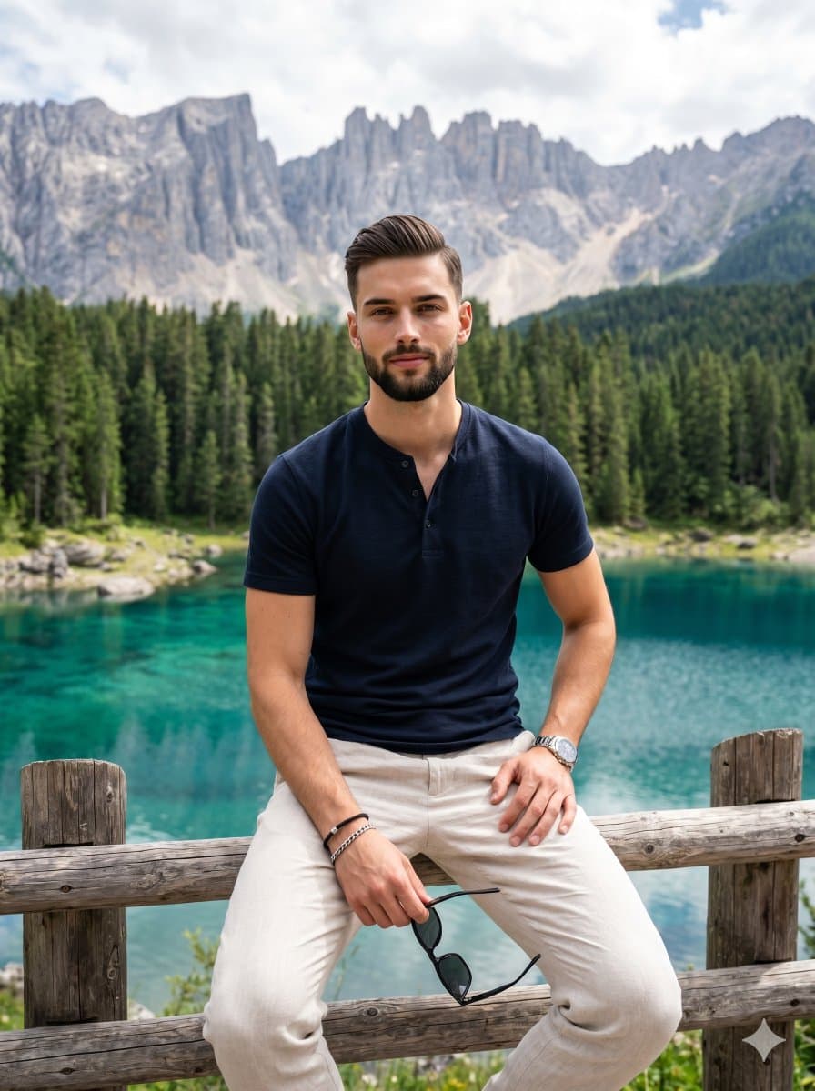 Casual Male Portrait Alpine Lake — example 1