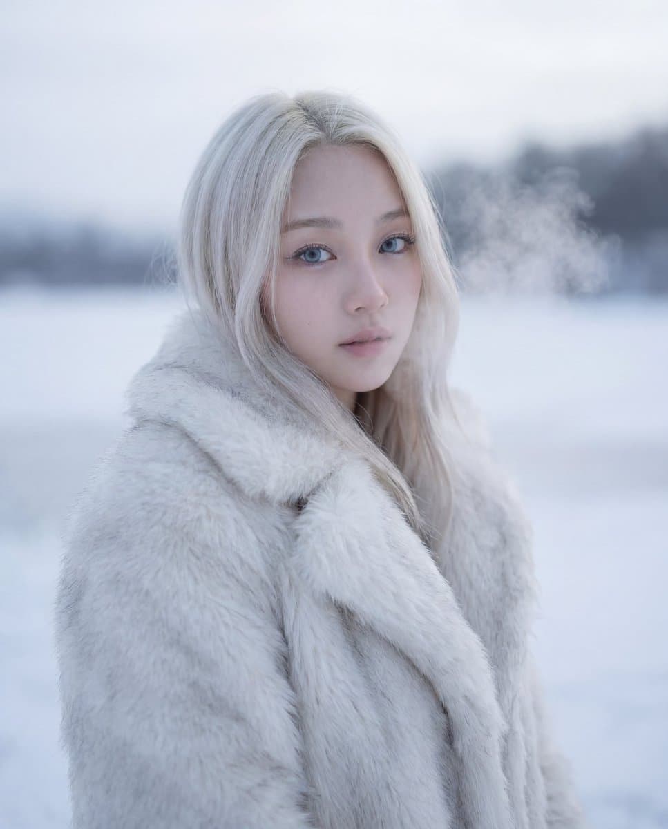 Cinematic Platinum Blonde Winter Portrait β example 1