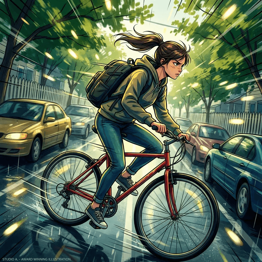 Girl Cycling City Illustration — example 1
