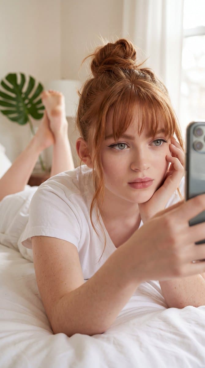 Realistic Blonde Woman Bedroom Portrait — example 1