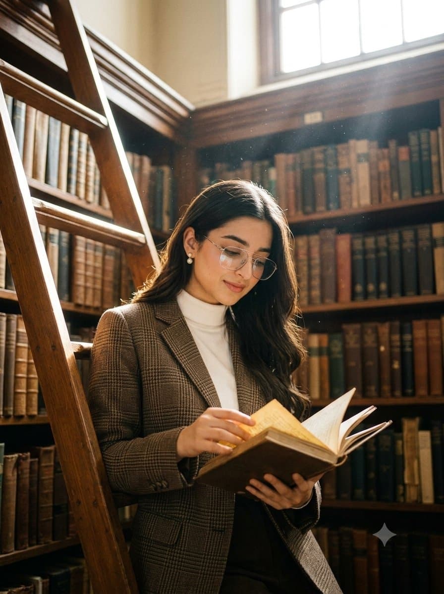 Dark academia library portrait — example 1