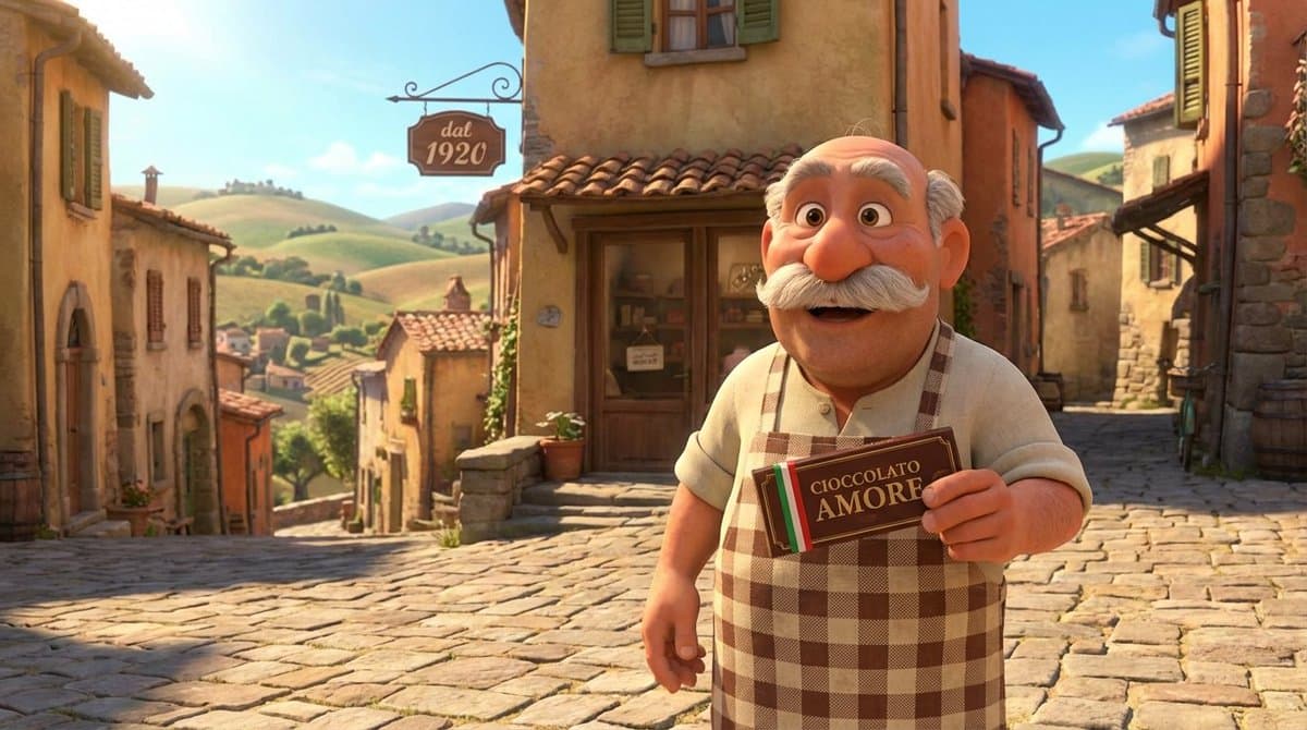 Pixar Style Italian Man in Front of Chocolate Shop — example 1