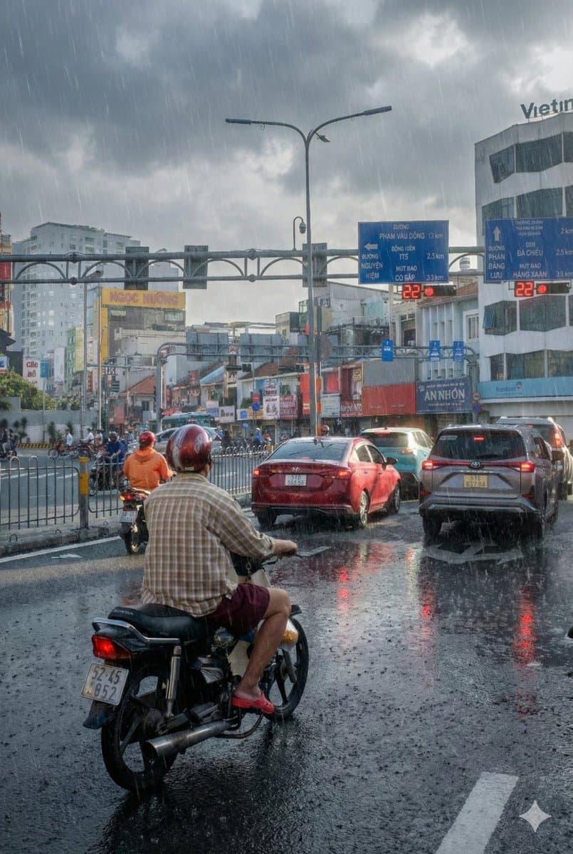 Edit city photo into rainy scene with Vietnamese bikers — example 2