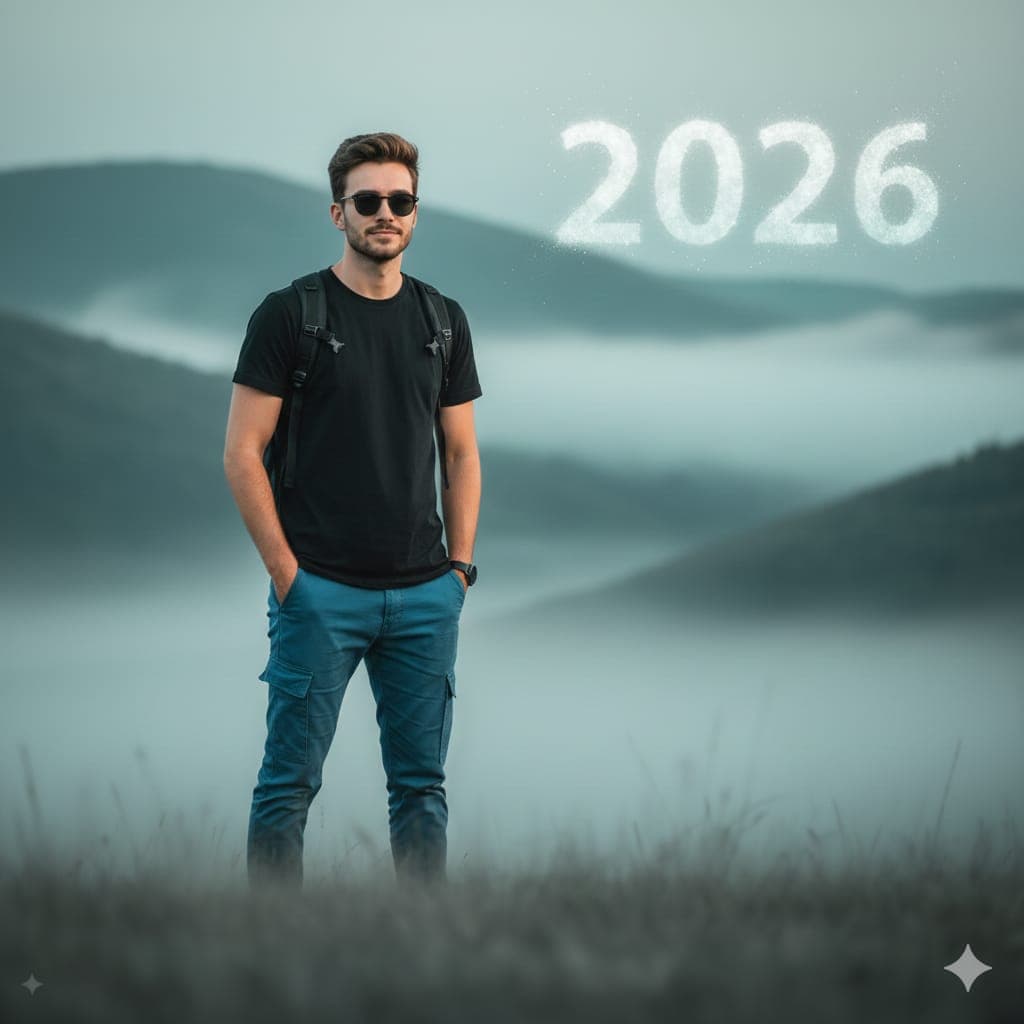 Cinematic Mountain Portrait with Floating Text — example 1