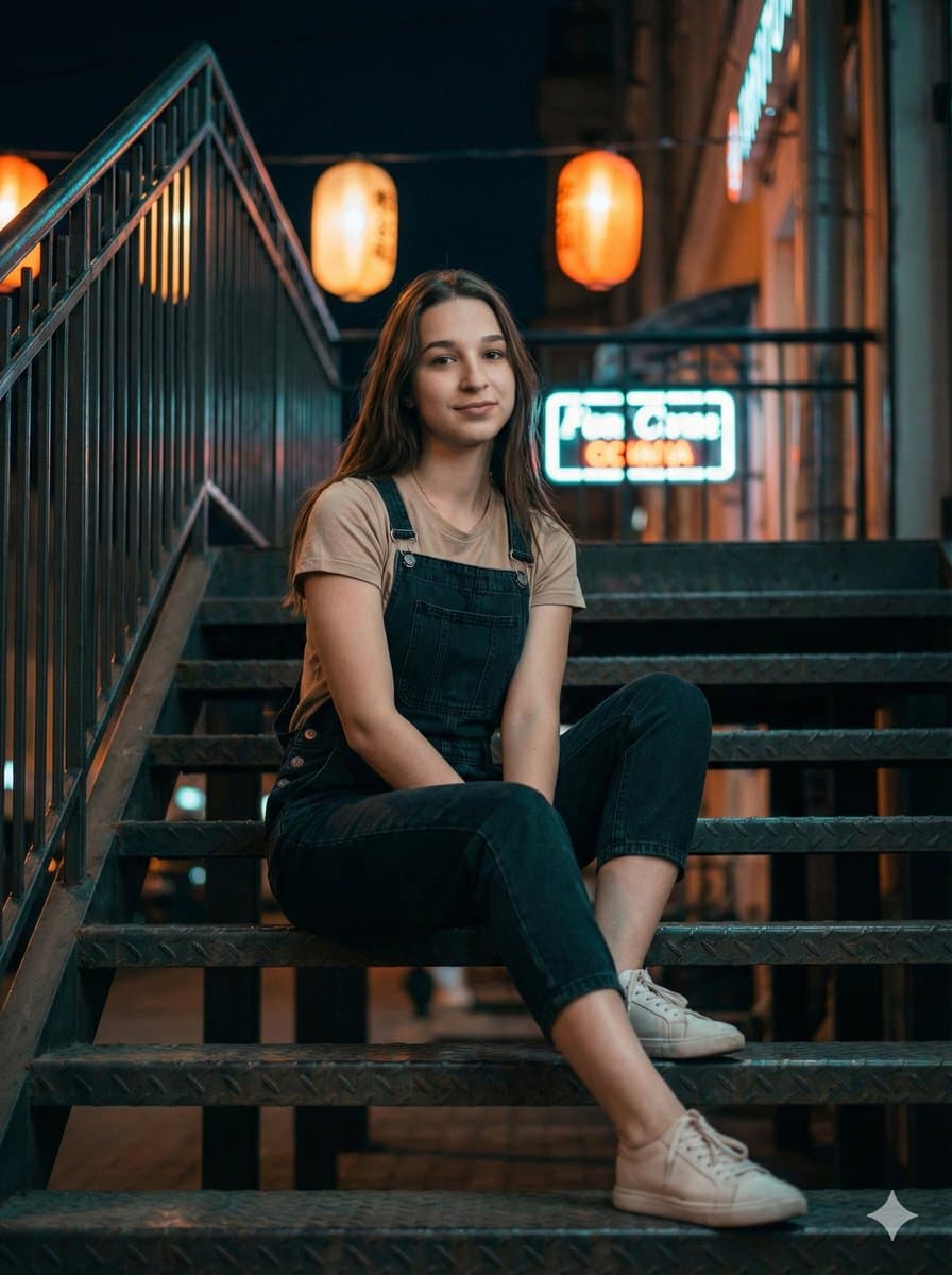 Cinematic Night Portrait on Urban Stairs — example 2