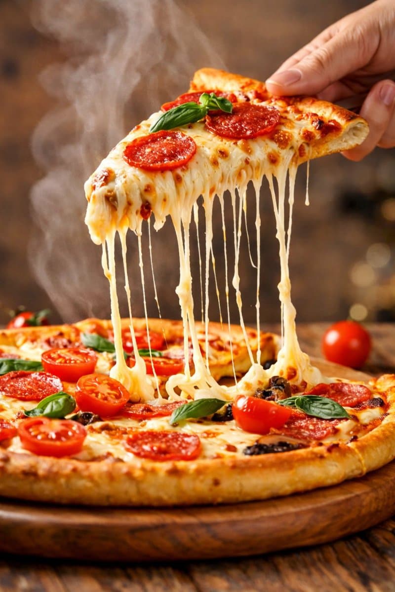 Hyper-realistic close-up of a pepperoni pizza slice with dramatic cheese pull — example 1