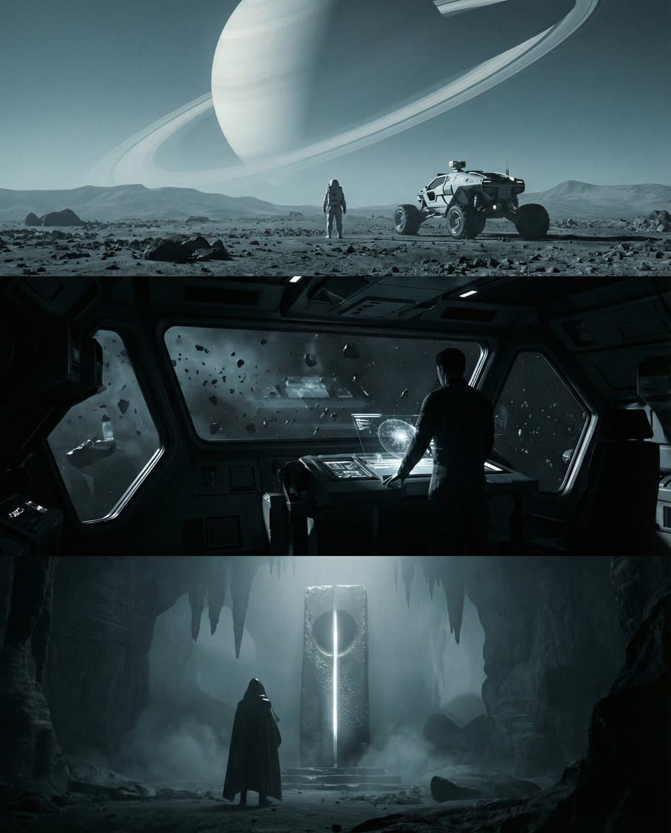 Sci-fi cinematic triptych and expansions — example 1
