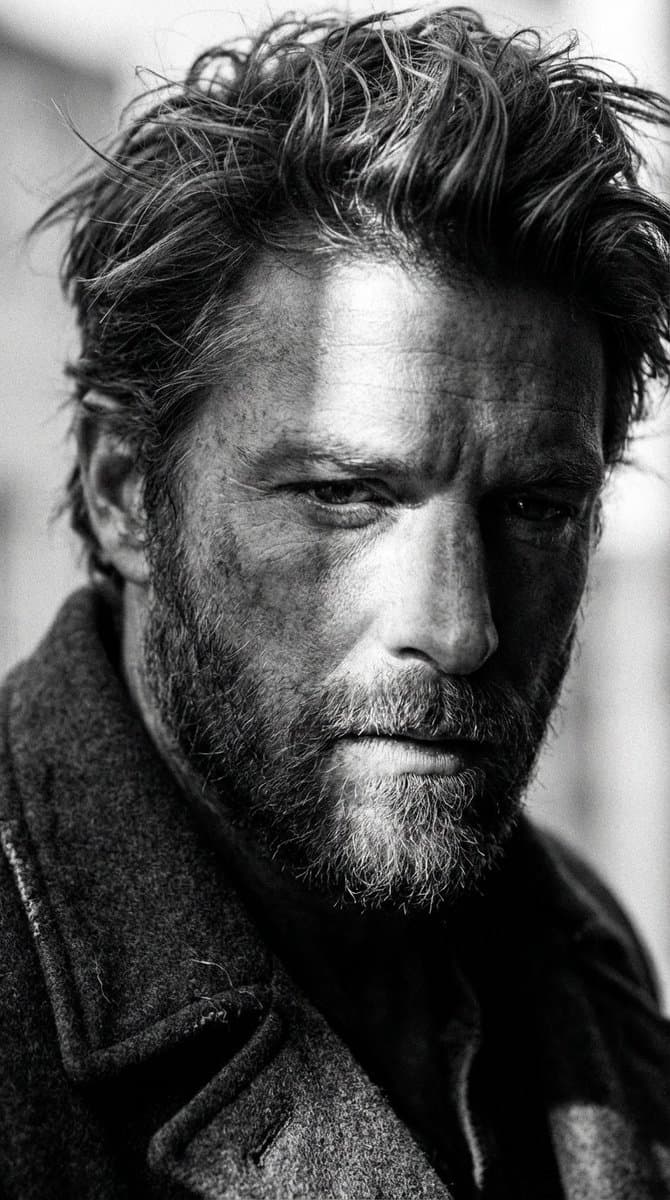 High-Contrast Cinematic Portrait of a Rugged Man — example 1