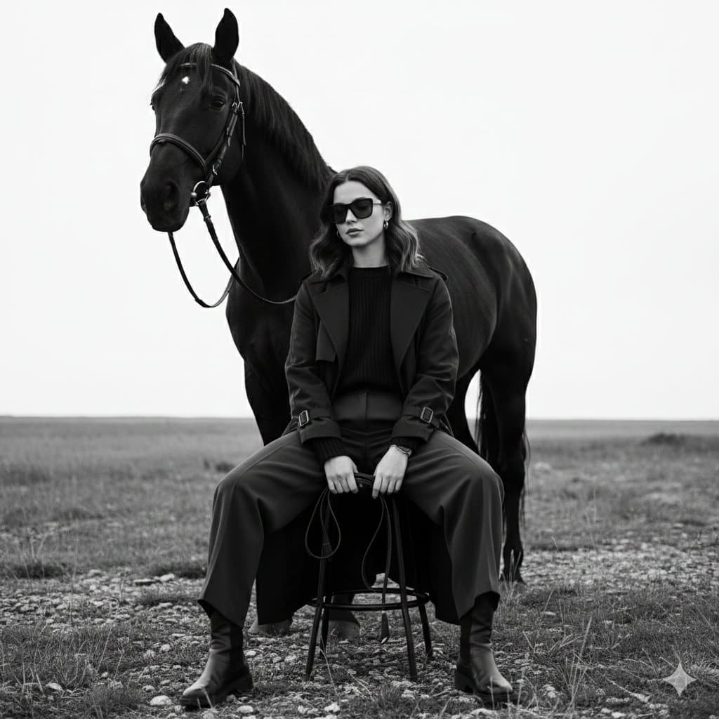 Monochrome Fine-Art Fashion Editorial with Horse — example 1