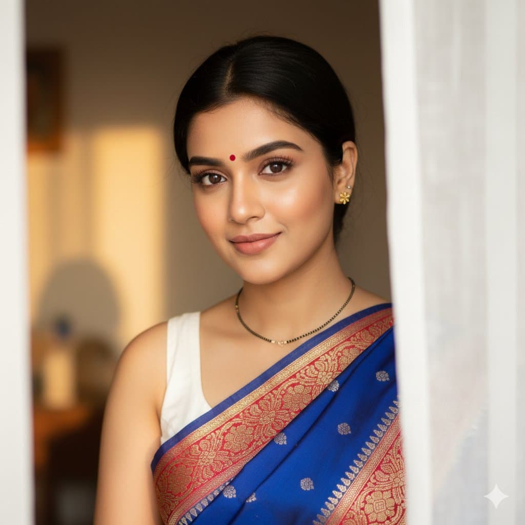 South Asian Woman Portrait with Saree and Sheer Curtains — example 1