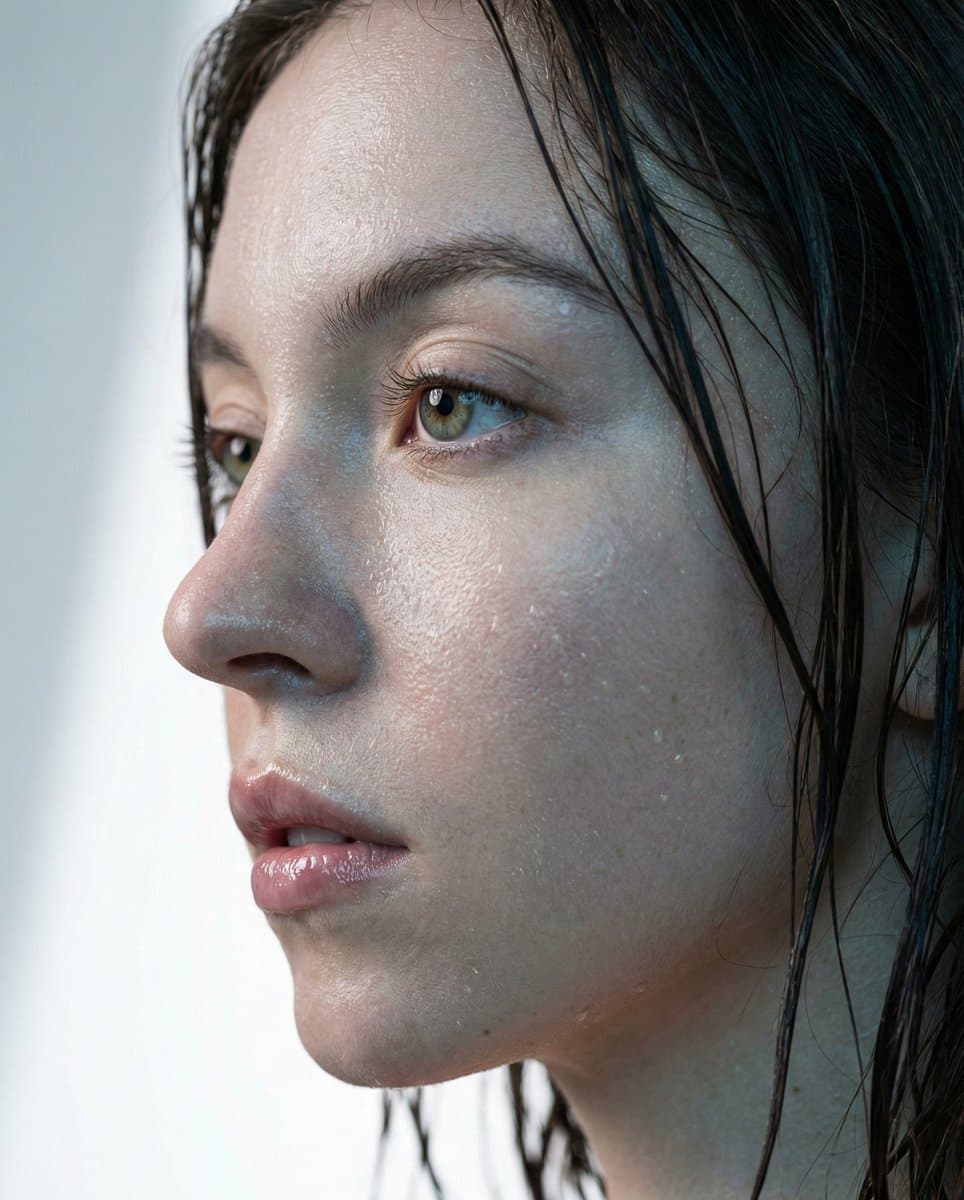 Hyper-Realistic Macro Portrait of Sydney Sweeney (Wet Look) — example 1