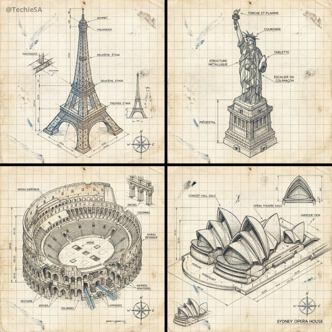 Hand-drawn isometric landmark schematic — example 1