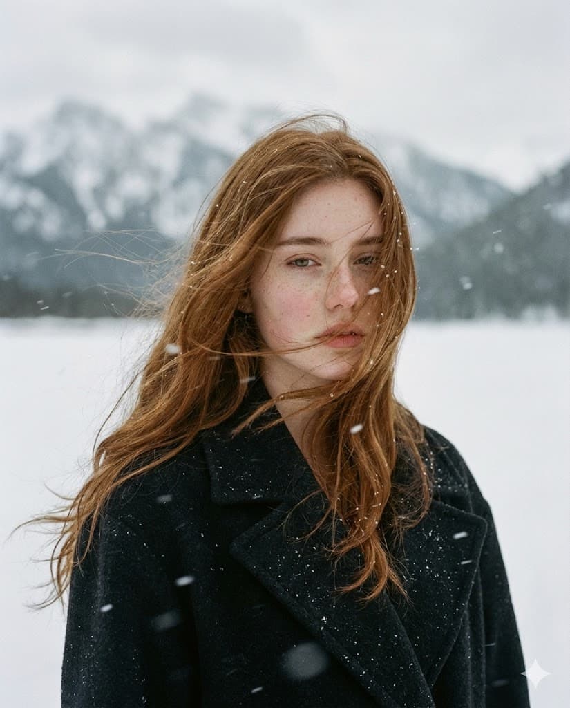 Poetic Cinematic Portrait in Snowy Landscape — example 1