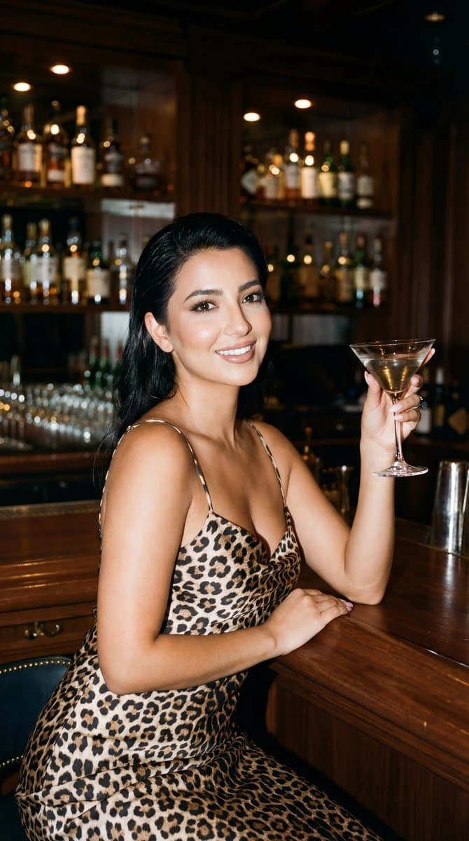 Photoreal Luxury Bar Portrait (Leopard Dress) — example 1