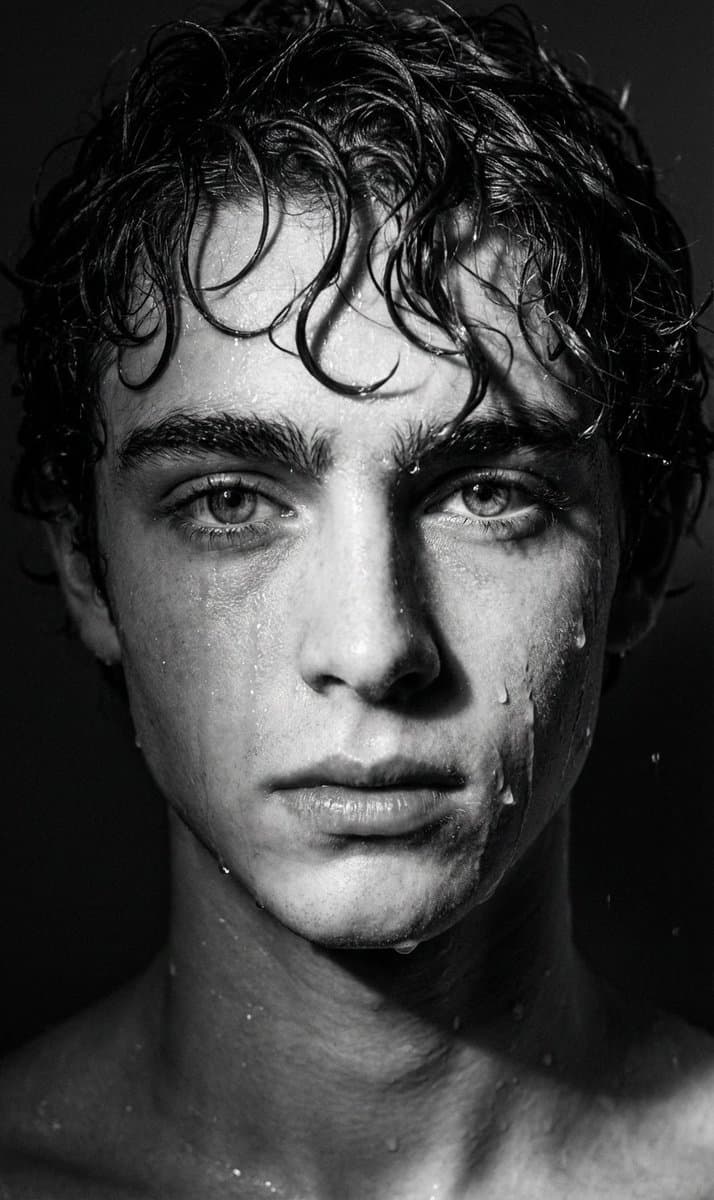 Dramatic Black and White Wet Portrait Prompt — example 1