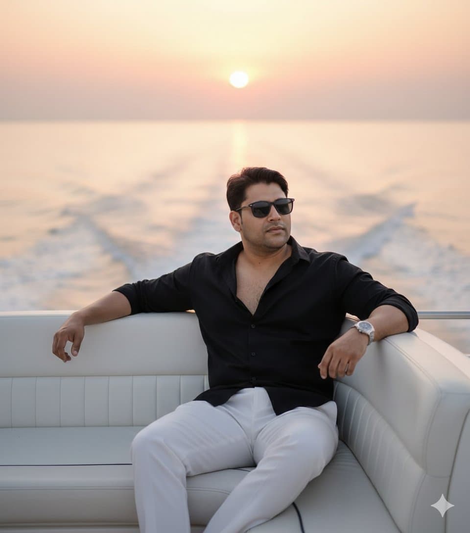 Ultra-realistic cinematic portrait on a luxury yacht at sunset โ example 1