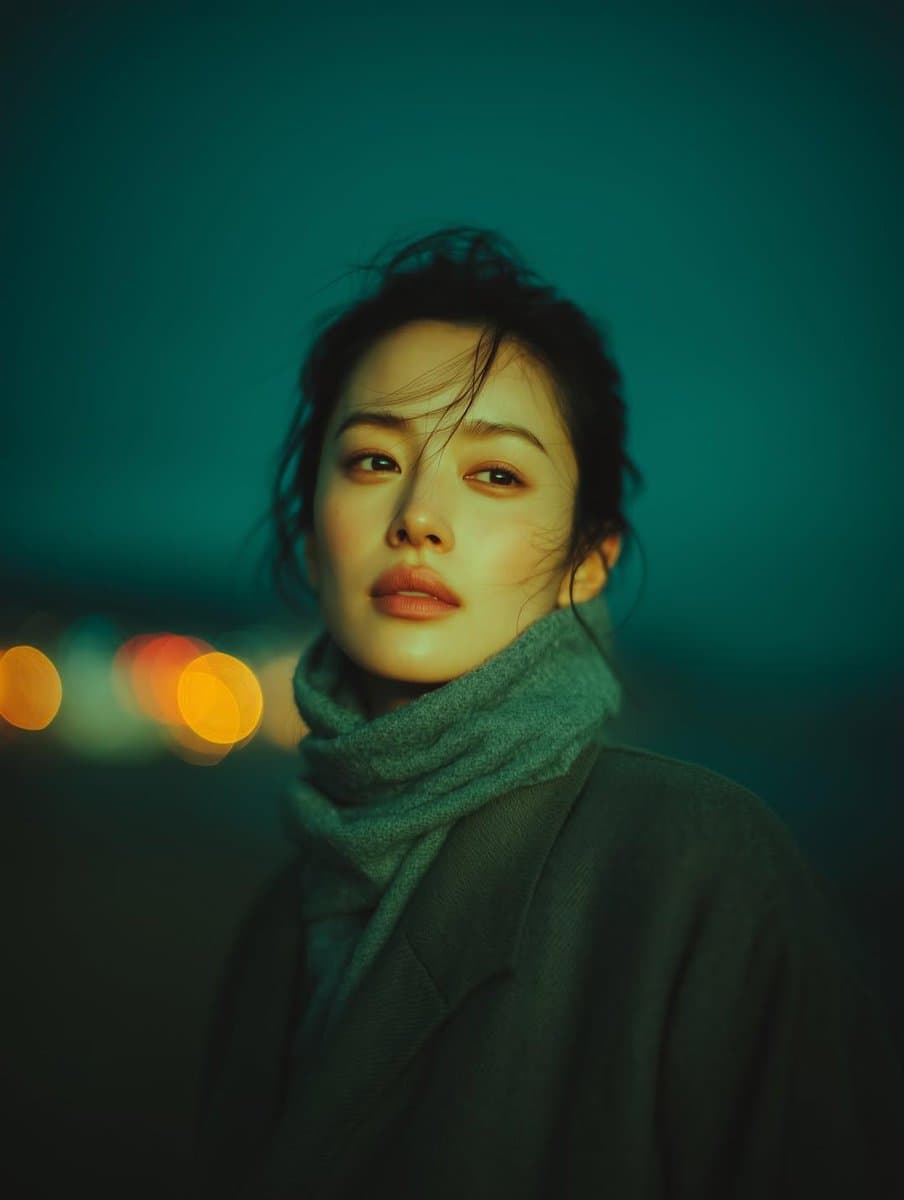 Cinematic Night Portrait with Teal-Green Grading — example 1