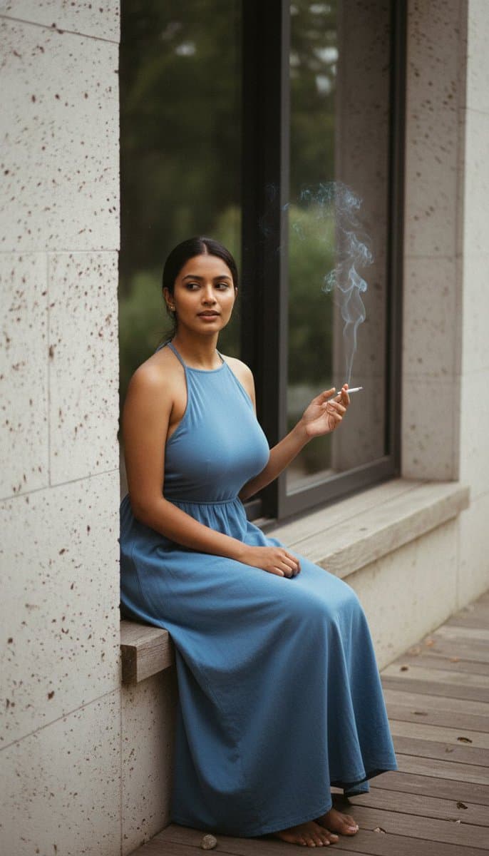 Ultra-Photoreal Editorial Candid of a Woman with a Cigarette — example 1