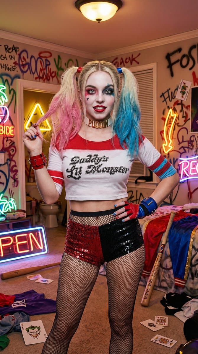 Voluptuous Harley Quinn Cosplay Portrait Prompt — example 2