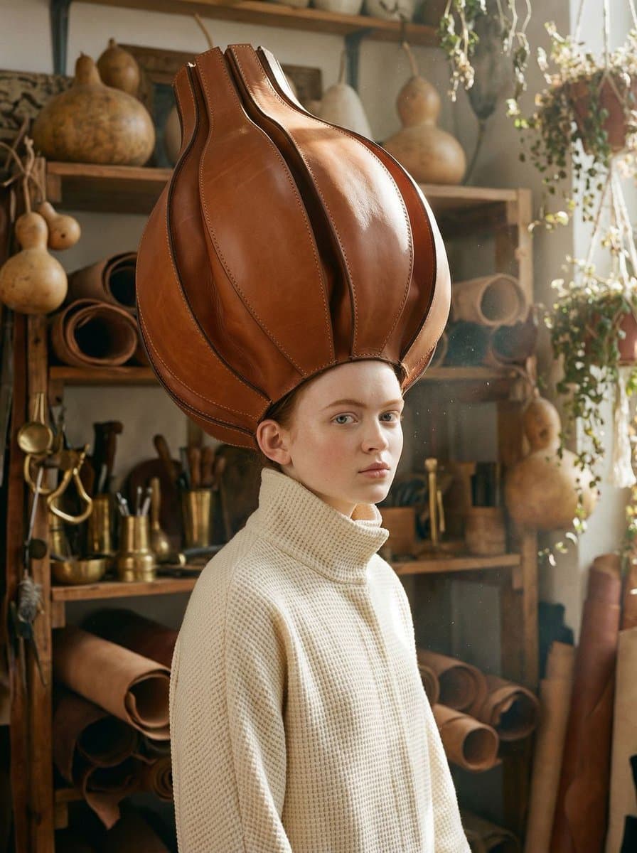 Avant-Garde Fashion Portrait with Leather Headpiece (JSON) — example 2