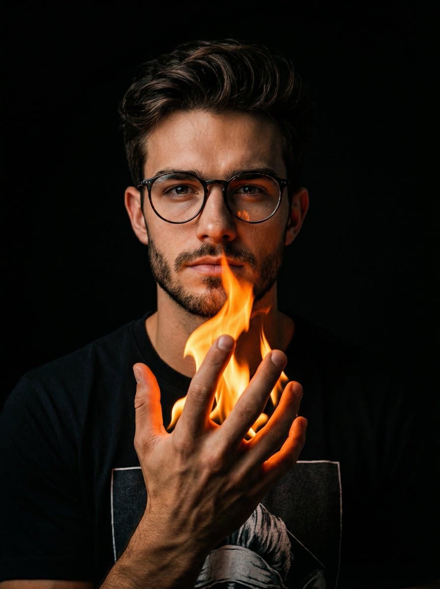 Cinematic Portrait with Fire in Hand — example 1