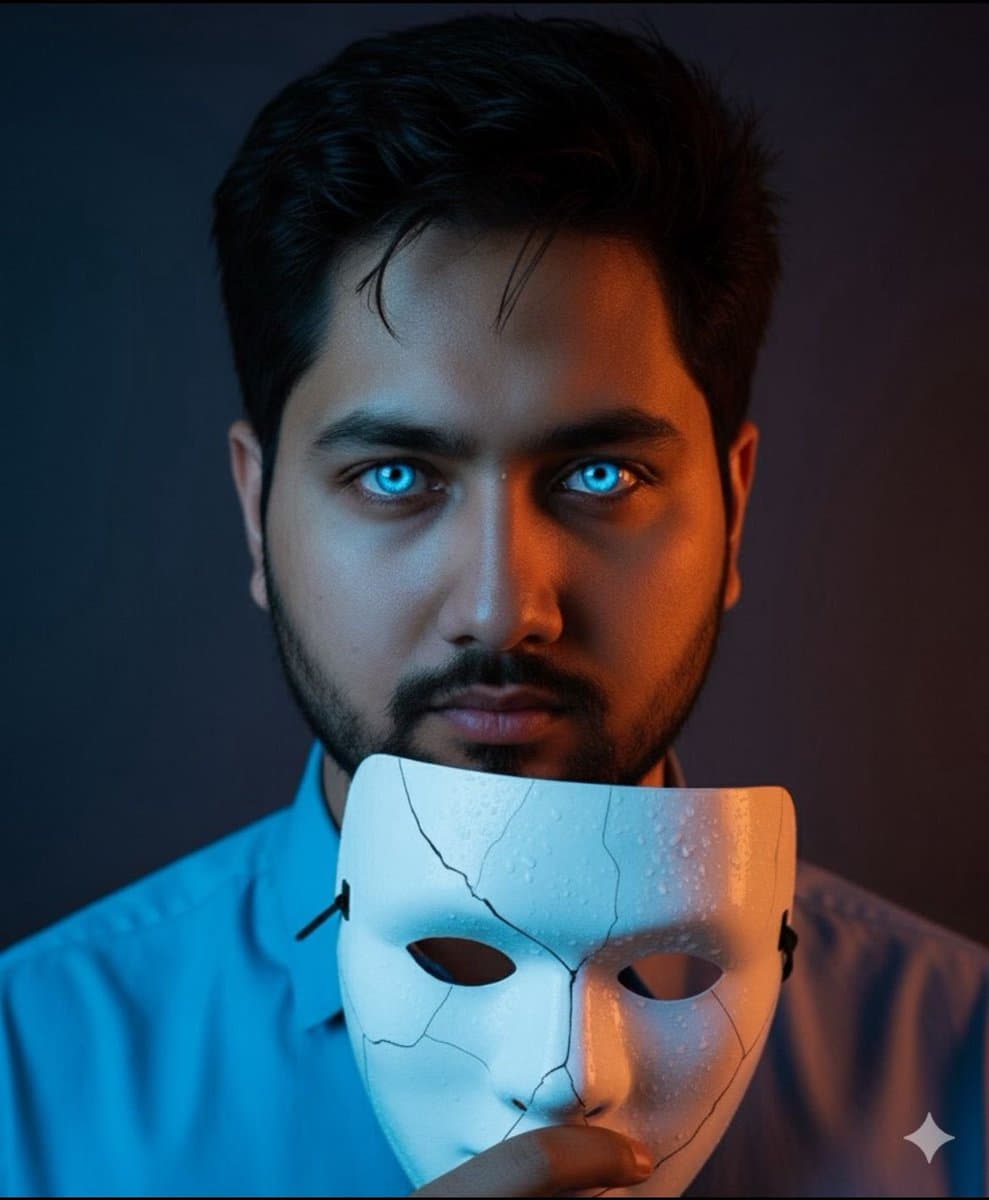 Dramatic Close-Up Portrait with Wet Skin and Cracked Mask — example 1