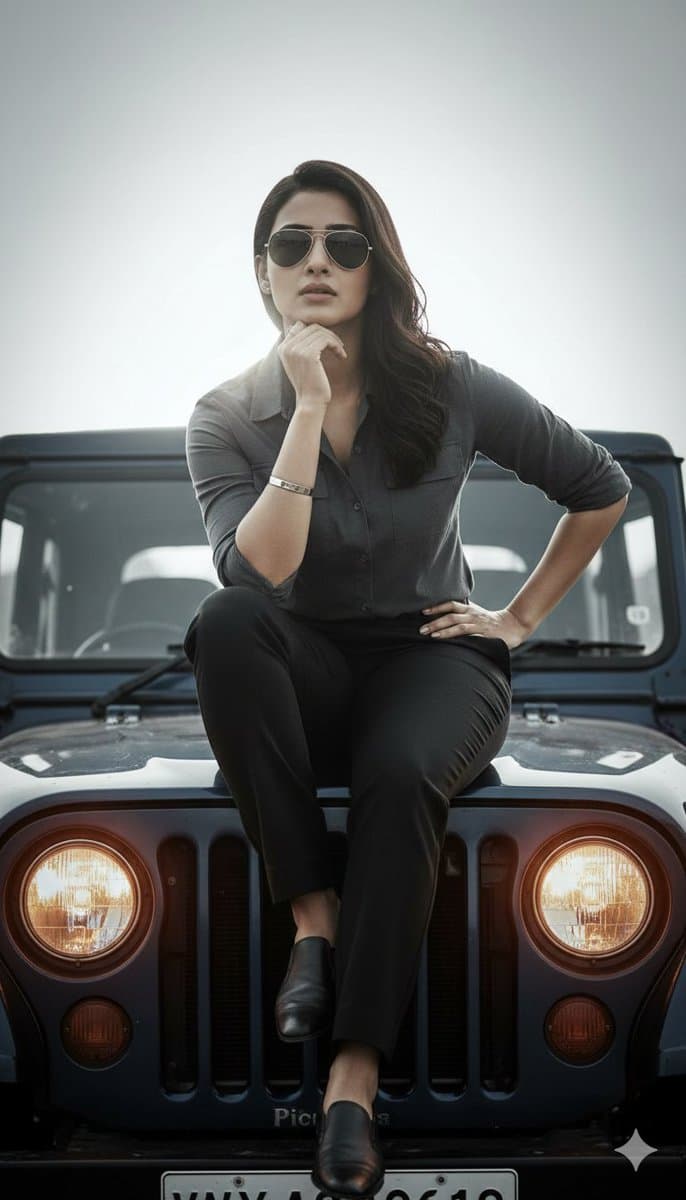 Hyper-Realistic Cinematic Portrait on a Jeep Hood Prompt — example 1